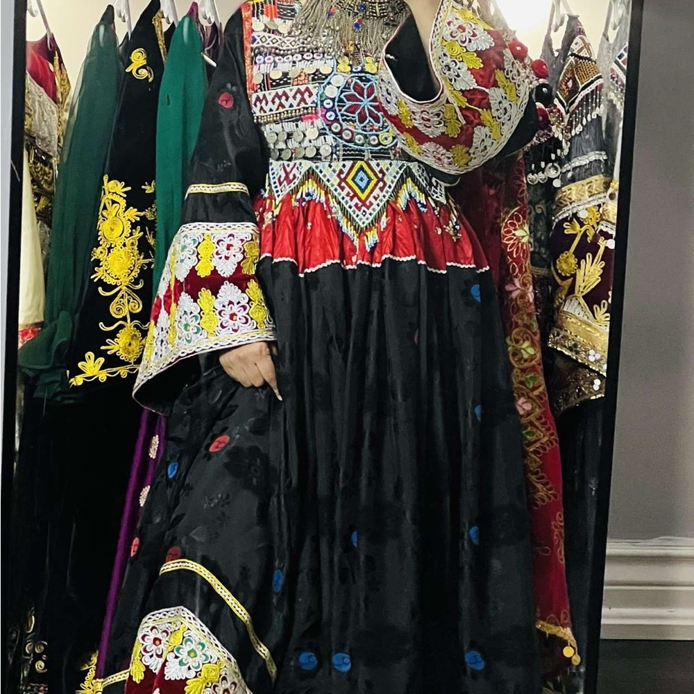 Vibrant Black and Red Embroidered Long Sleeve Dress